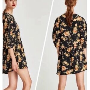 ZARA Black Mini Dress with Peach Floral Print